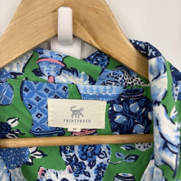 Printfresh Fancy Cat Pajama Shirt Womens 3X Short Sleeve Top Whimsy Retro Poplin - Picture 6 of 8